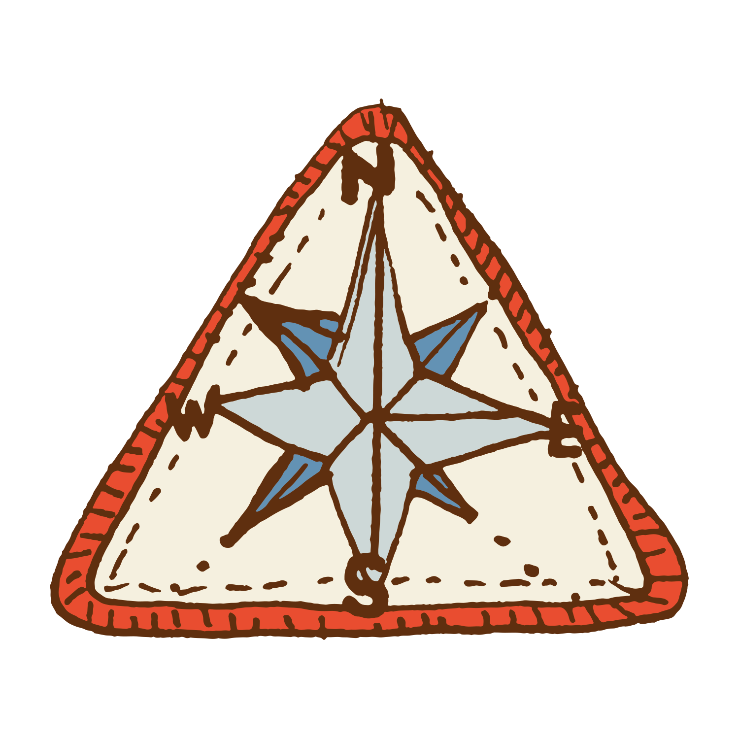 Add a navigational flair to your gear with Camp Bestivals PATCH 3 (Compass)—a triangular patch outlined in red, featuring a blue and gray compass rose and labeled N, E, S, W. Ideal for bags, jackets, or outdoor adventure apparel.
