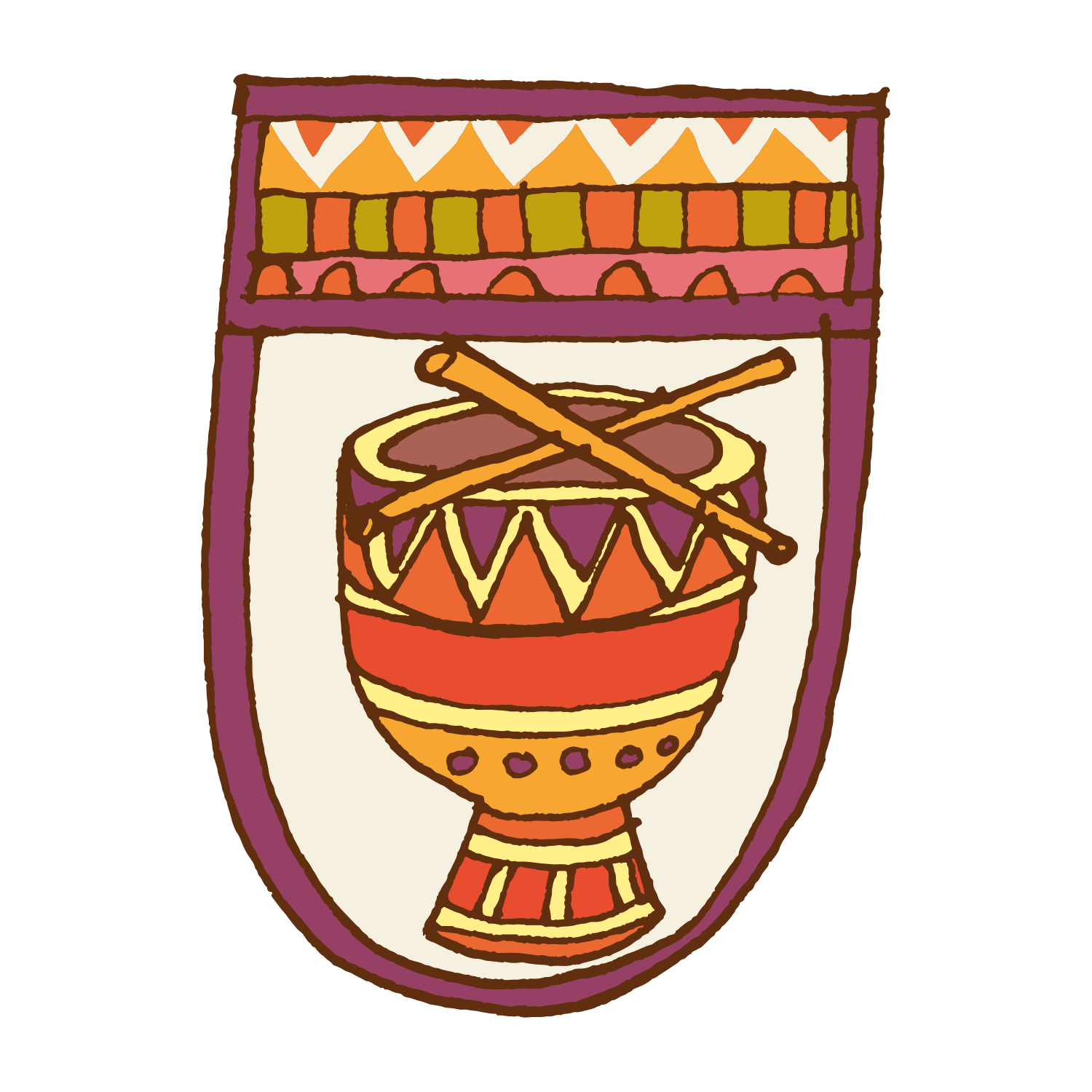 The PATCH 12 (Drum) by Camp Bestival showcases a hand-drawn shield with a decorated drum and crossed drumsticks, highlighted by bold red, orange, yellow, and purple patterns—ideal for energizing your product description.