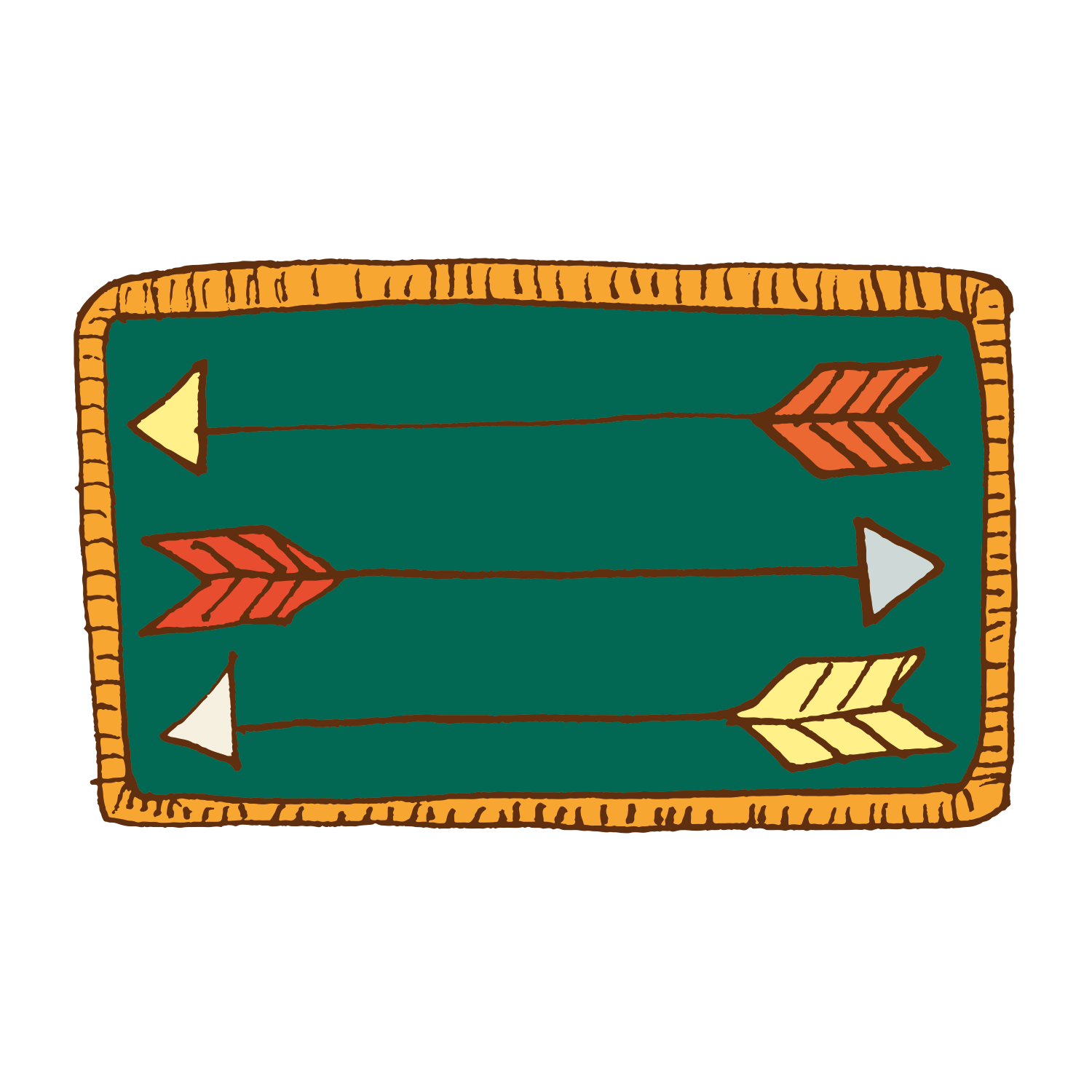 PATCH 4 (Archery) by Camp Bestival is a rectangular patch with a yellow border and bright green background, displaying three right-pointing arrows—red, yellow, and gray—with matching feathered tail accents.