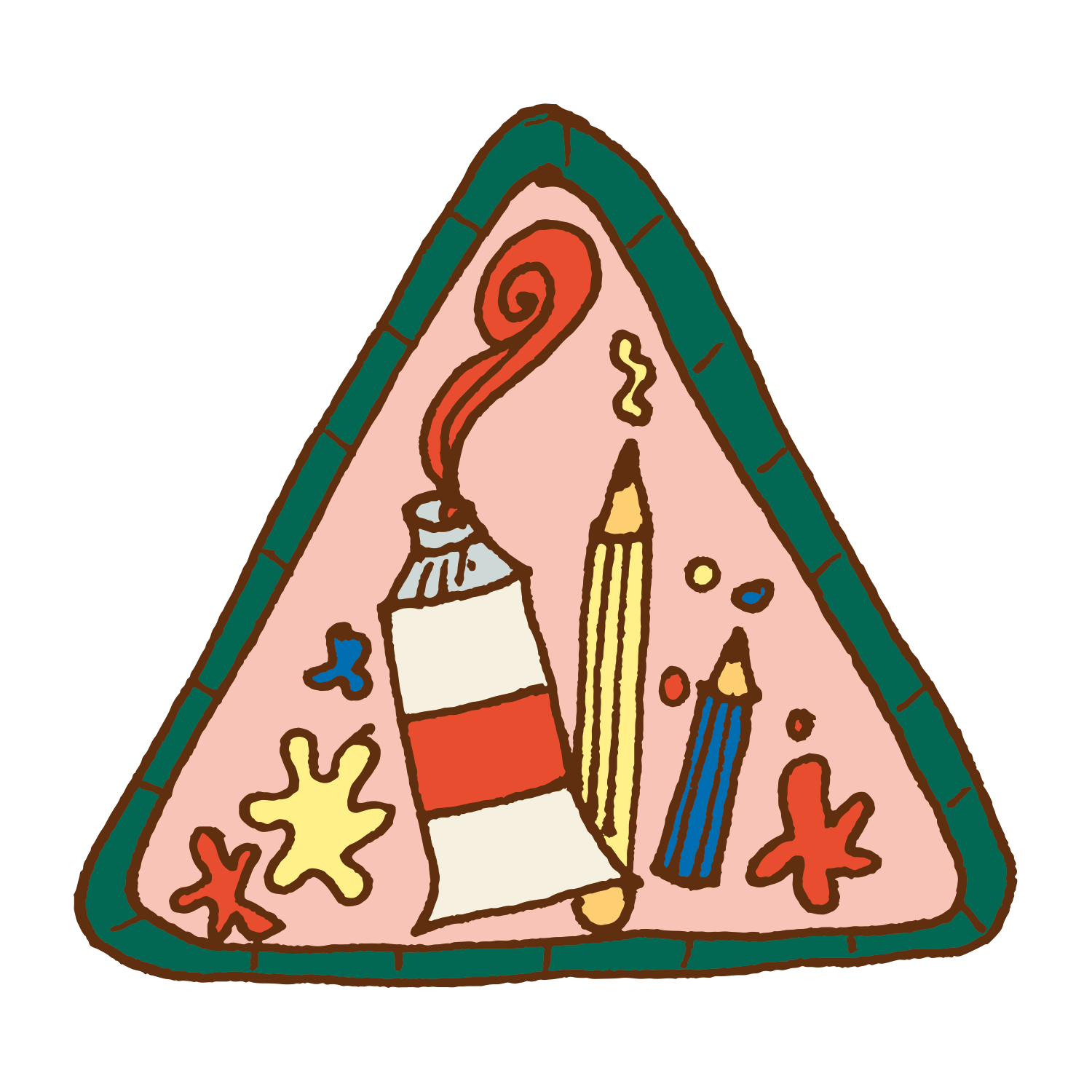 PATCH 8 (Art) by Camp Bestival features a triangular badge with a green border, showcasing art tools and colorful paint splatters on pink—a creative accessory for art projects and crafting.