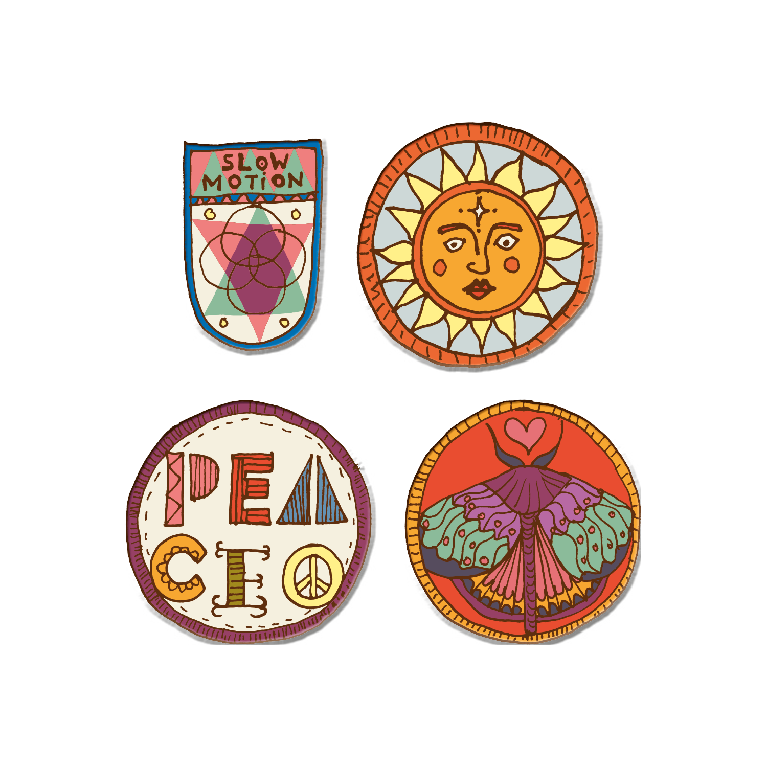 The Camp Bestival BADGE SET 3 (Sun) offers four vibrant, hand-drawn patches—shield with SLOW MOTION, sun face, PEACE with symbol, and moth with heart—each showcasing retro designs for unique self-expression.