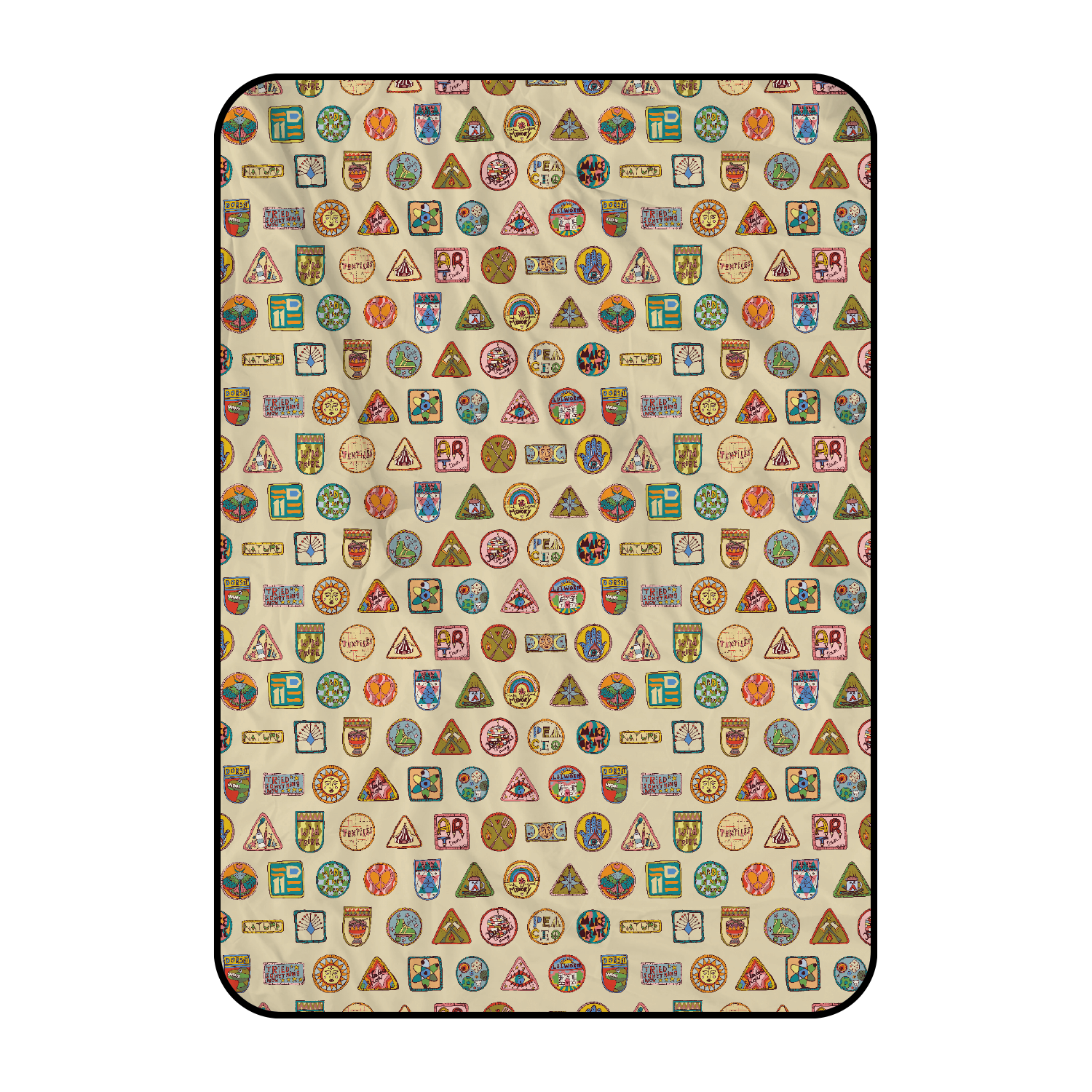 The Camp Bestival Picnic Blanket by 2025 is a beige, rectangular blanket with a black border, decorated with colorful vintage-style travel badges and patches in assorted shapes like circles, triangles, and shields.