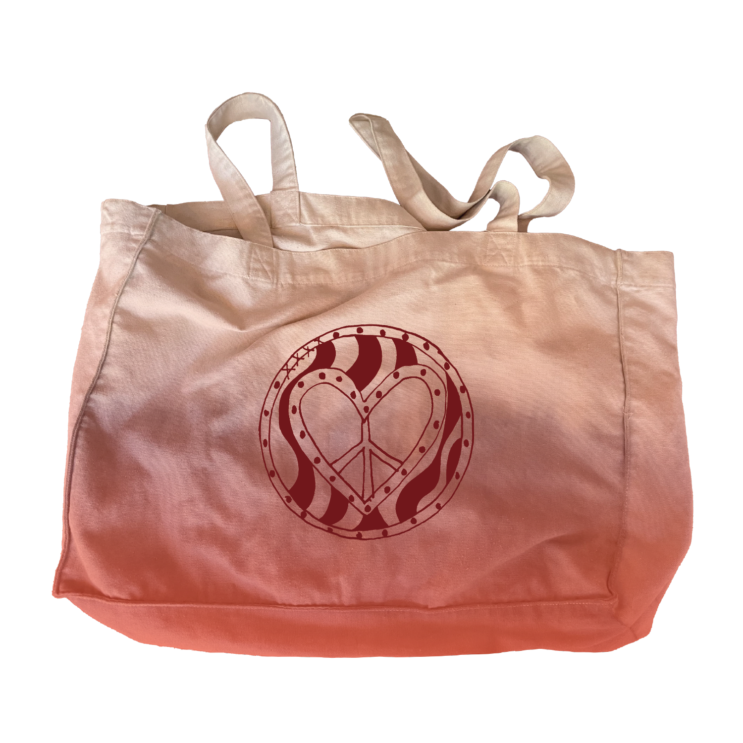 The Camp Bestival Family Tote Bag by 2025 is a pink and white tote with handles, showcasing a red heart-shaped peace sign inside a wavy circular pattern on the front.