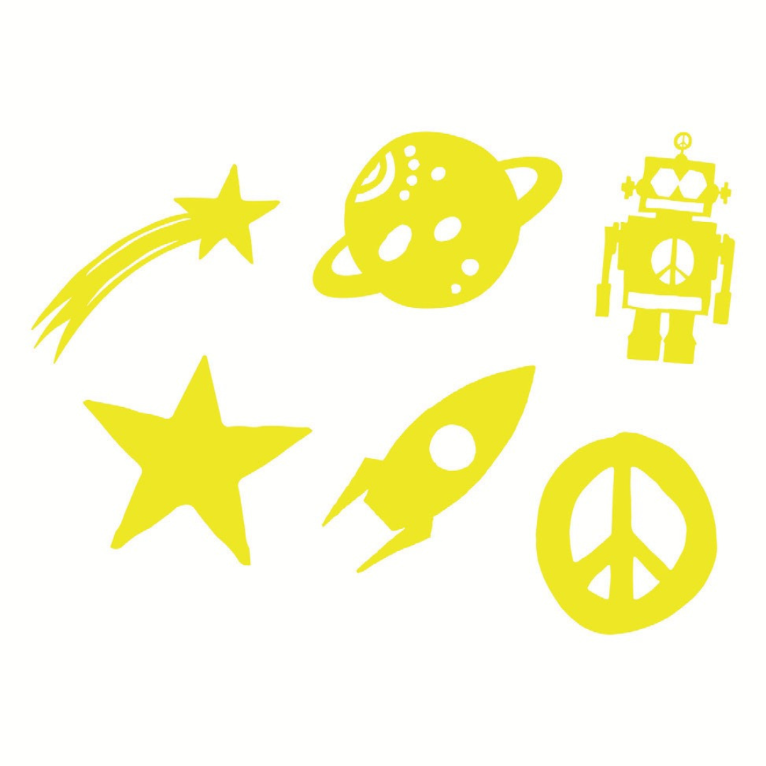 Camp Bestival’s Glow In The Dark Planets features six yellow icons—a shooting star, ringed planet with craters, robot, star, rocket, and peace sign—set against a white background.