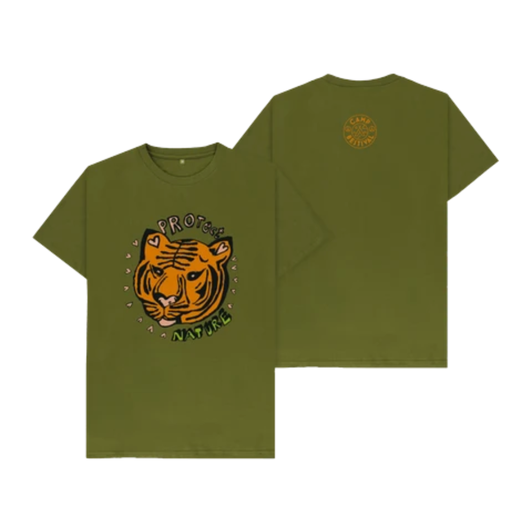 Two olive-green Camp Bestival Protect Nature T-Shirts shown front and back: the front displays a cartoon tiger face with PROTECT NATURE and hearts, while the back features a small circular Camp Bestival logo near the neck.